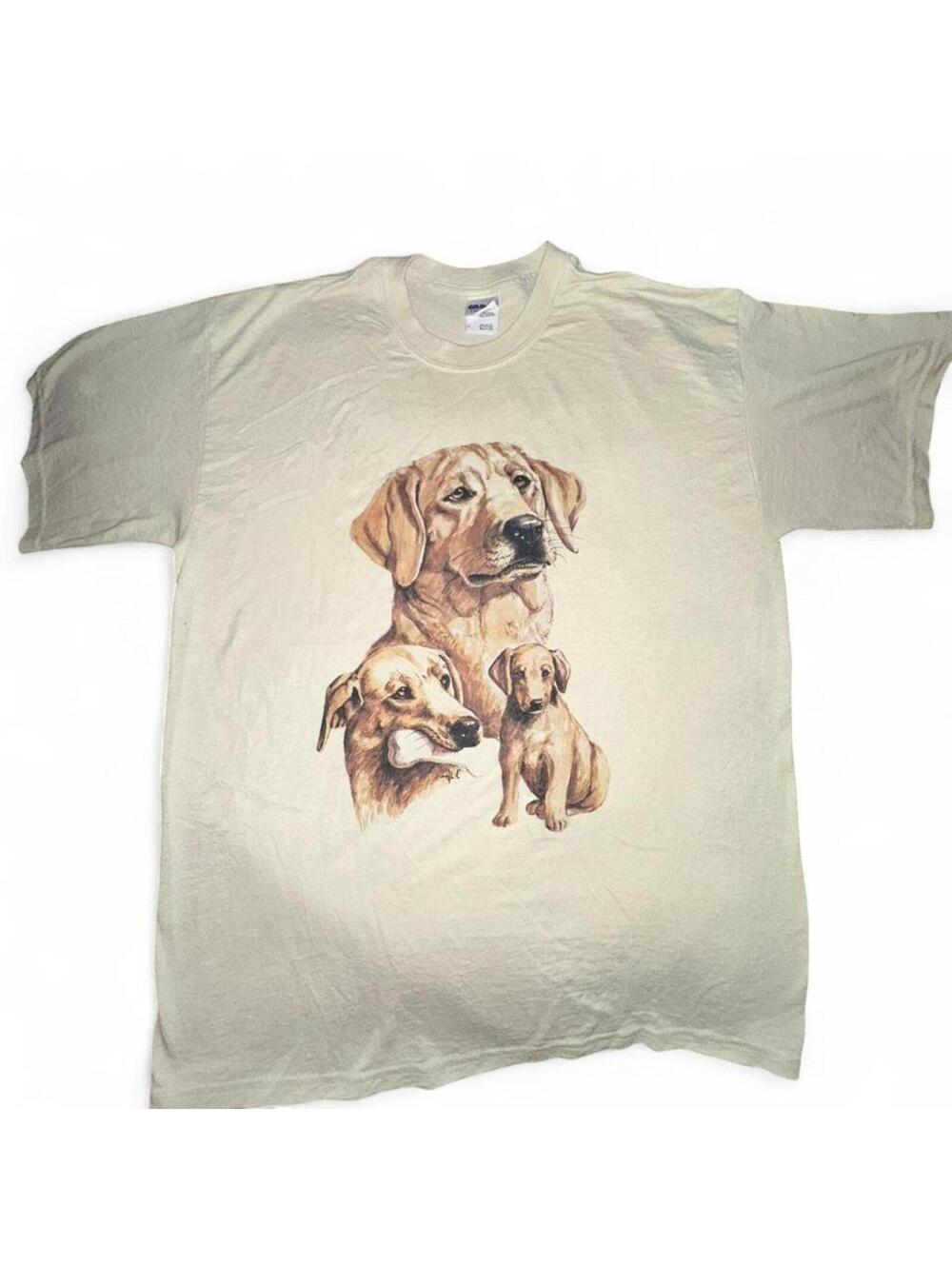 Golden Retriever Dog Graphic Tee Neutral Vintage Style L Tan Beige